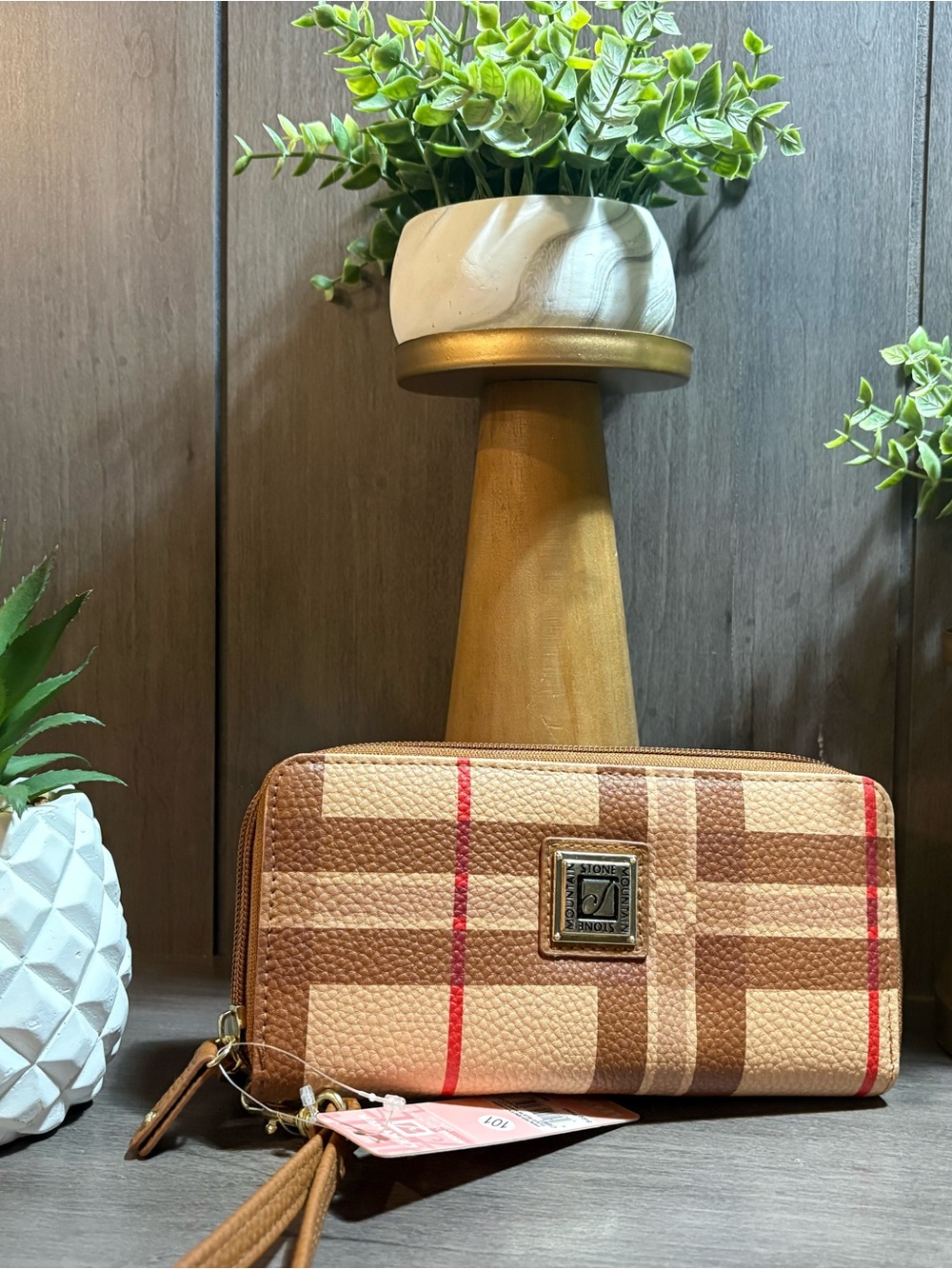 Stone & Co. Tan and Brown Plaid Zip Wallet with Red Accents